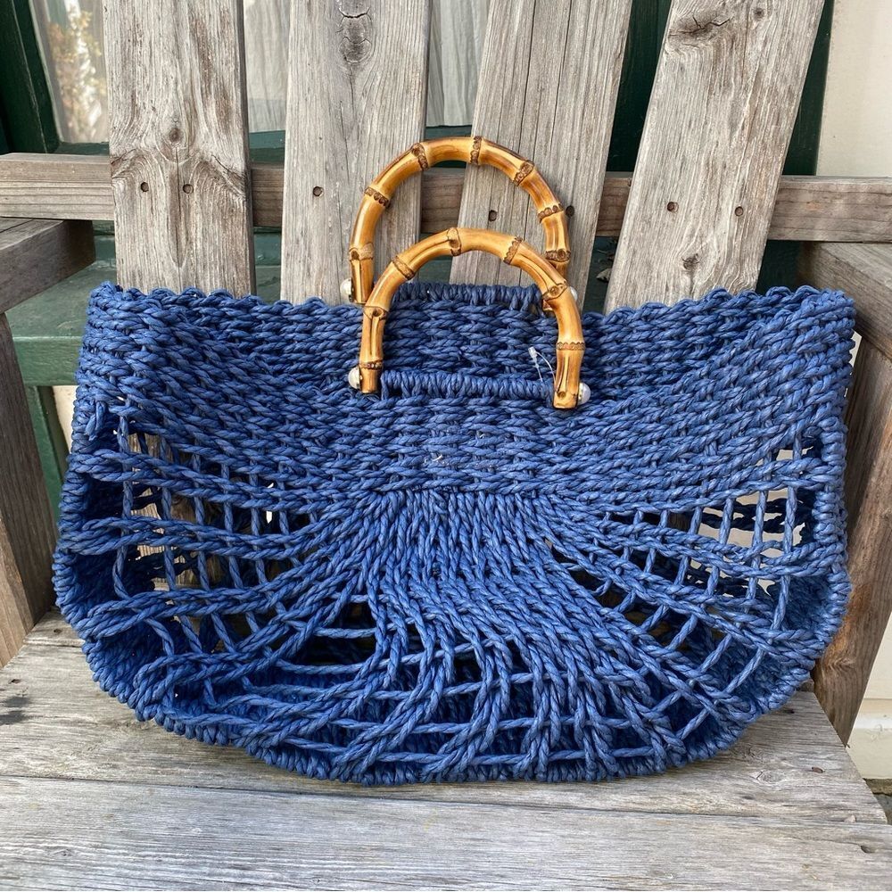 BTB Los Angeles Straw Blue Woven Tote Bag with Bamboo Handles - Picture 6 of 13